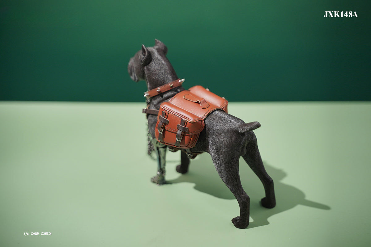 Two 1/6 scale models of dogs equipped with brown leather saddlebags and mechanical prosthetic legs. The models feature detailed and realistic designs, showcasing a mix of rugged and futuristic elements.