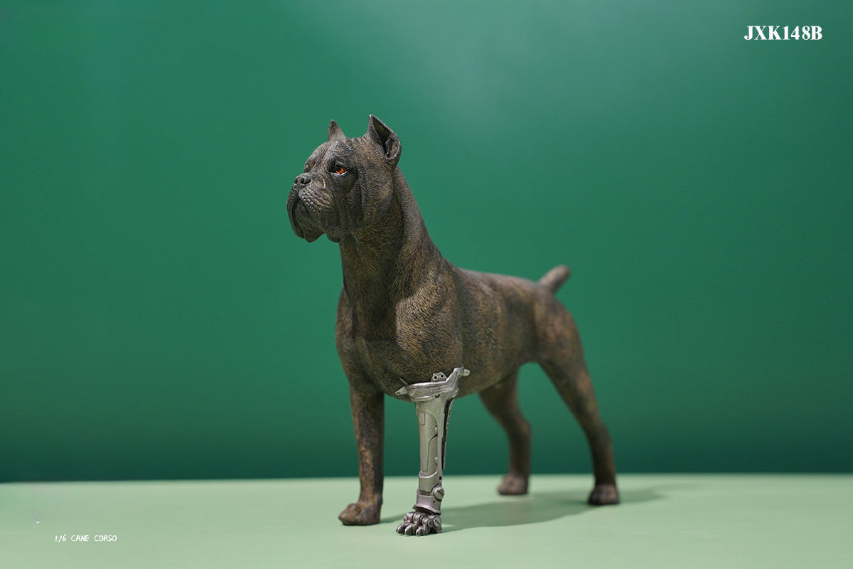 Two 1/6 scale models of dogs equipped with brown leather saddlebags and mechanical prosthetic legs. The models feature detailed and realistic designs, showcasing a mix of rugged and futuristic elements.