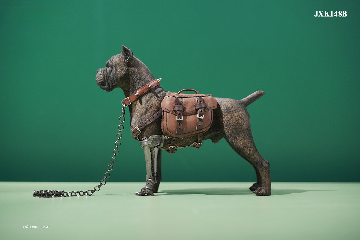 Two 1/6 scale models of dogs equipped with brown leather saddlebags and mechanical prosthetic legs. The models feature detailed and realistic designs, showcasing a mix of rugged and futuristic elements.