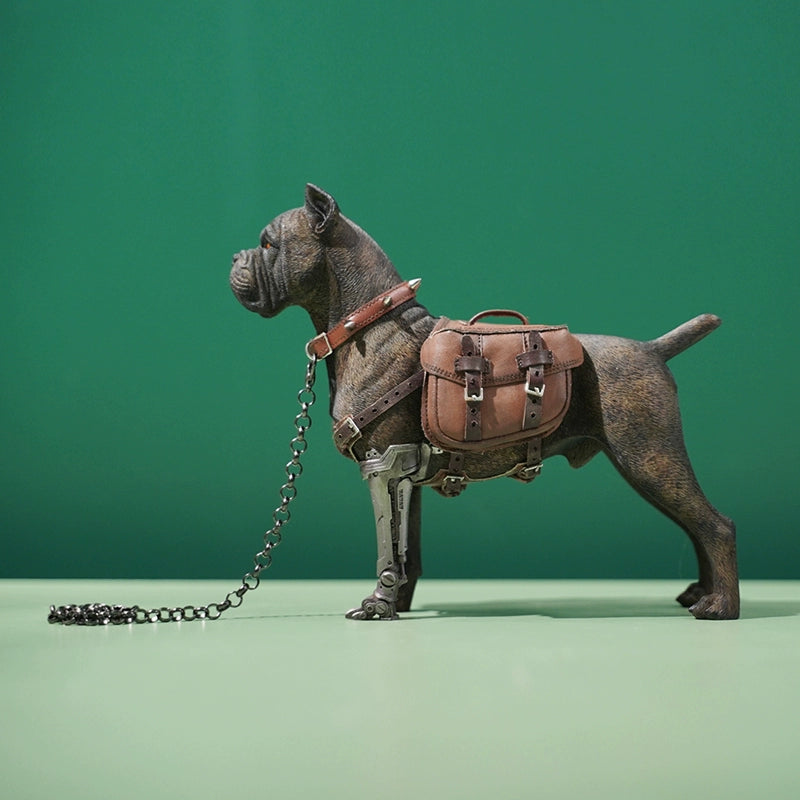 Two 1/6 scale models of dogs equipped with brown leather saddlebags and mechanical prosthetic legs. The models feature detailed and realistic designs, showcasing a mix of rugged and futuristic elements.