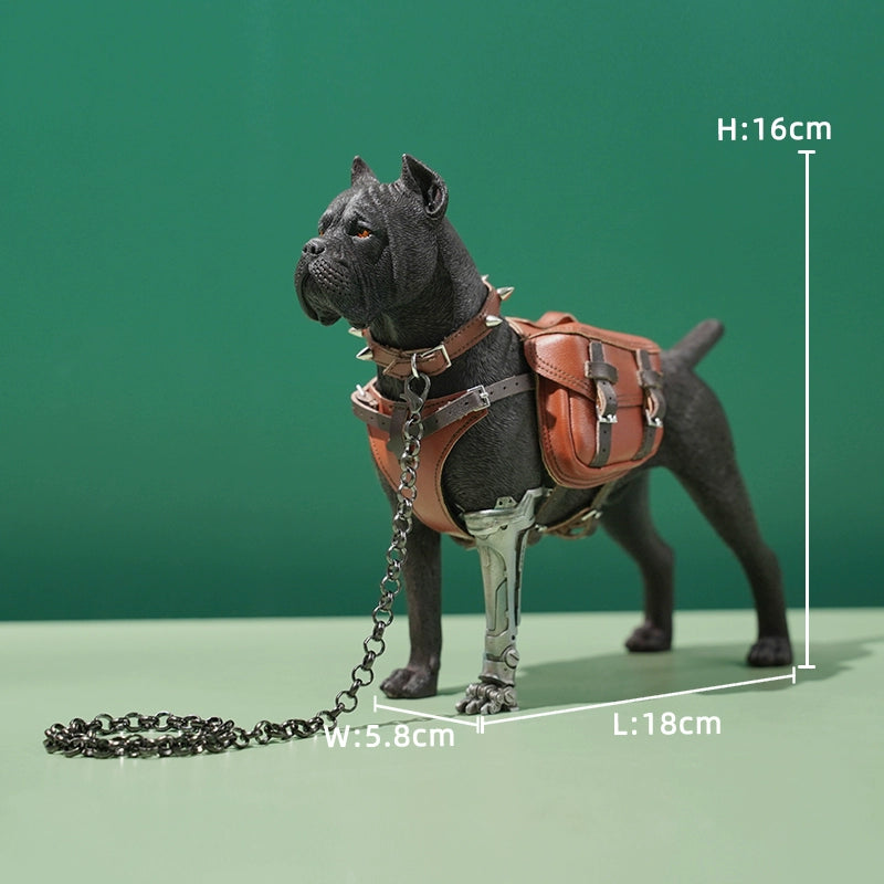 Two 1/6 scale models of dogs equipped with brown leather saddlebags and mechanical prosthetic legs. The models feature detailed and realistic designs, showcasing a mix of rugged and futuristic elements.