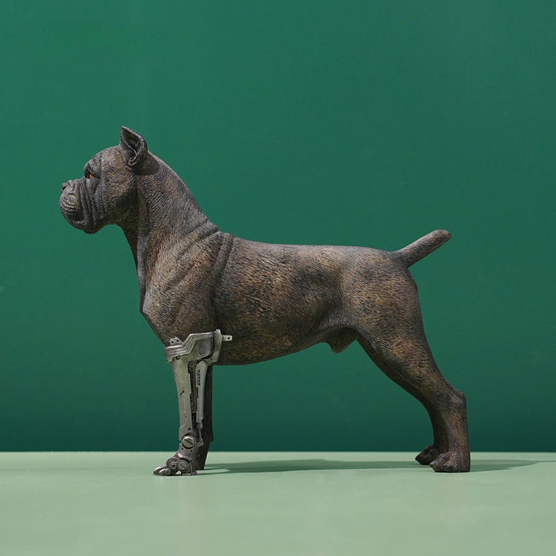 Two 1/6 scale models of dogs equipped with brown leather saddlebags and mechanical prosthetic legs. The models feature detailed and realistic designs, showcasing a mix of rugged and futuristic elements.