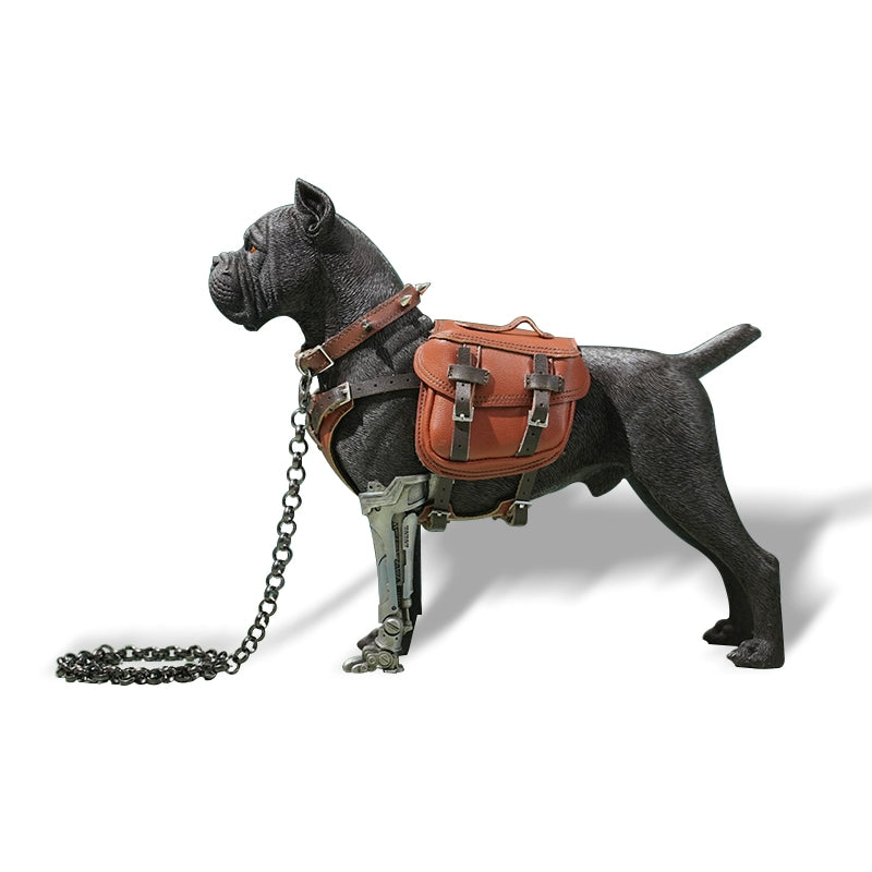 Two 1/6 scale models of dogs equipped with brown leather saddlebags and mechanical prosthetic legs. The models feature detailed and realistic designs, showcasing a mix of rugged and futuristic elements.