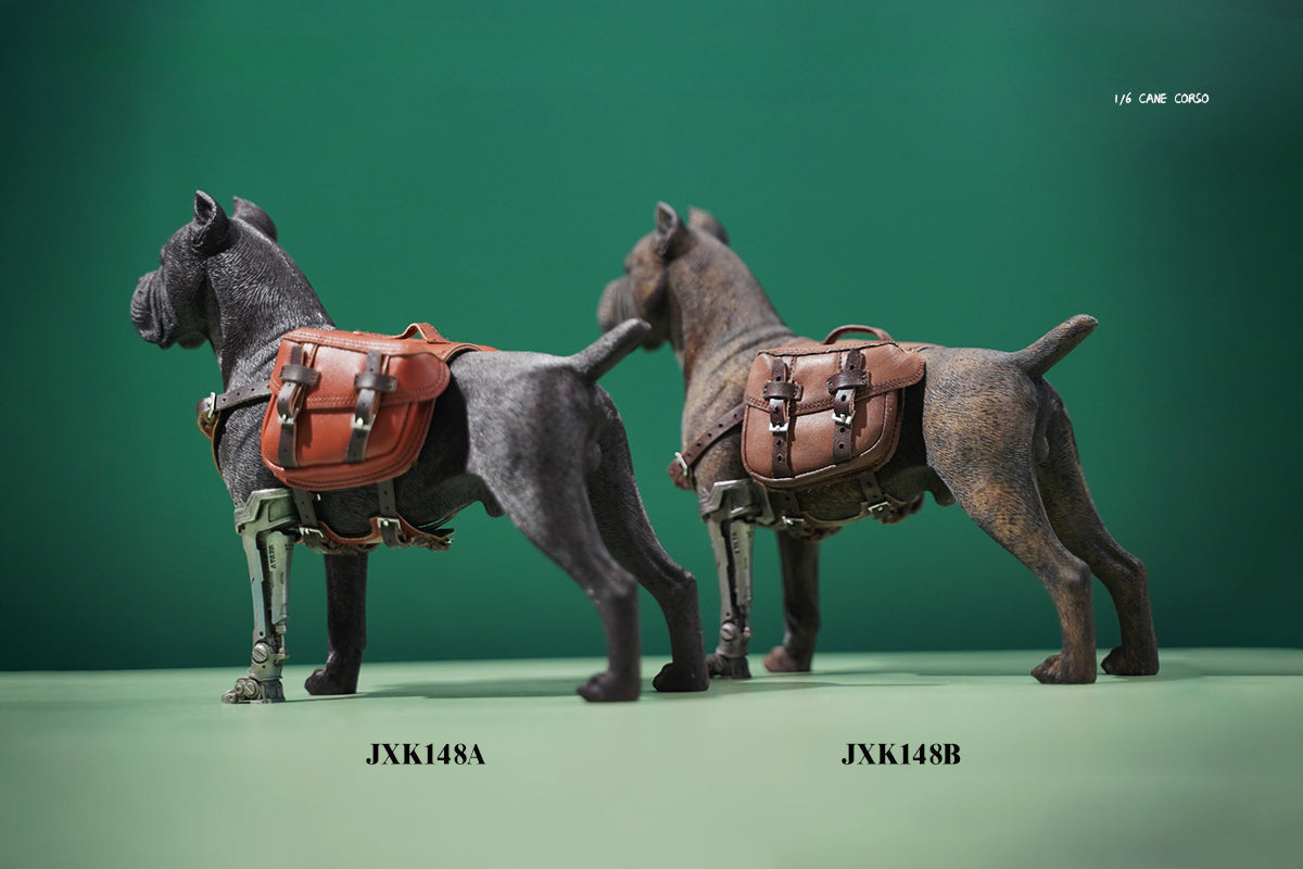 Two 1/6 scale models of dogs equipped with brown leather saddlebags and mechanical prosthetic legs. The models feature detailed and realistic designs, showcasing a mix of rugged and futuristic elements.