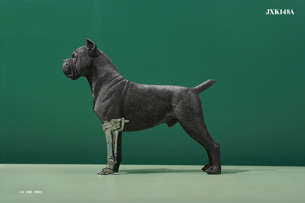 Two 1/6 scale models of dogs equipped with brown leather saddlebags and mechanical prosthetic legs. The models feature detailed and realistic designs, showcasing a mix of rugged and futuristic elements.