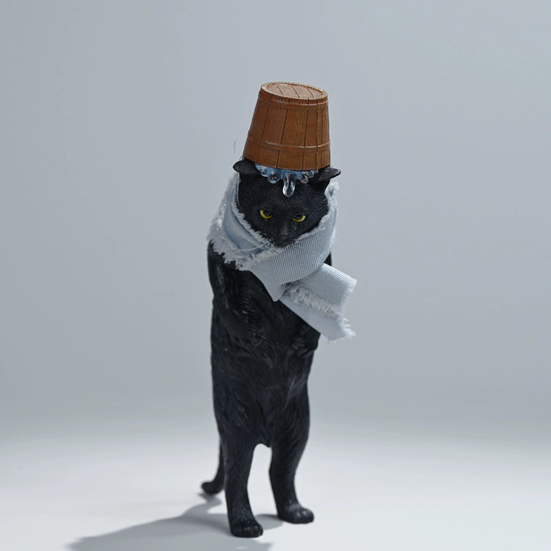 A set of four 1/6 scale cat figurines, each standing on two legs, wearing a grey scarf and a wooden bucket hat with water dripping off. The cats come in different colors: calico, black, orange tabby, and grey. They are depicted in a humorous and unique pose reminiscent of traditional bathhouse attire. The image is set against a simple background.