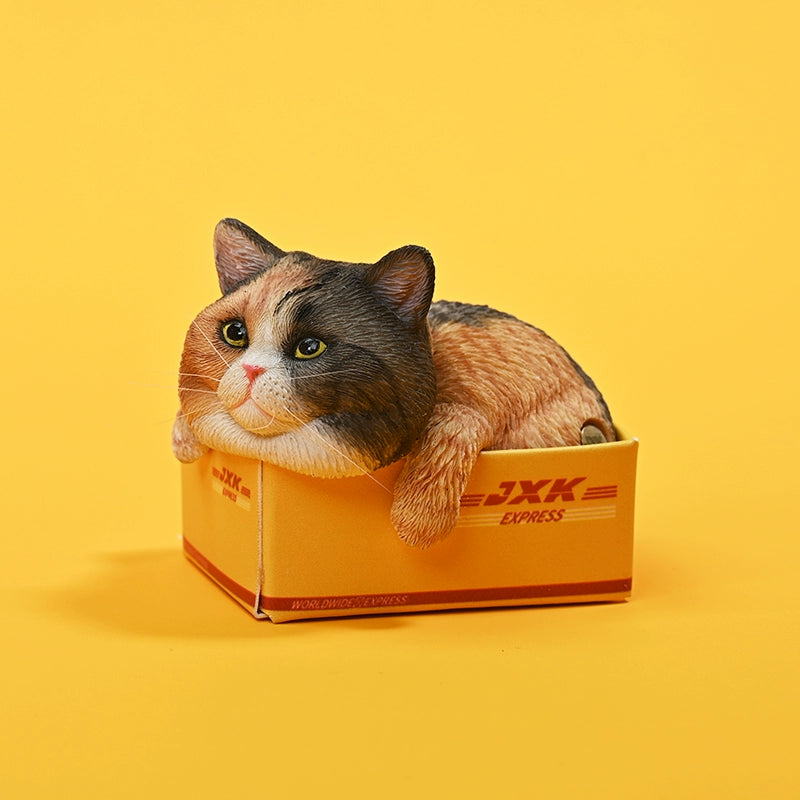 A collection of four 1/6 scale cat models, each resting in a small delivery box with distinct fur colors and patterns. The cats are displayed against a yellow background, showcasing their adorable and relaxed poses.
