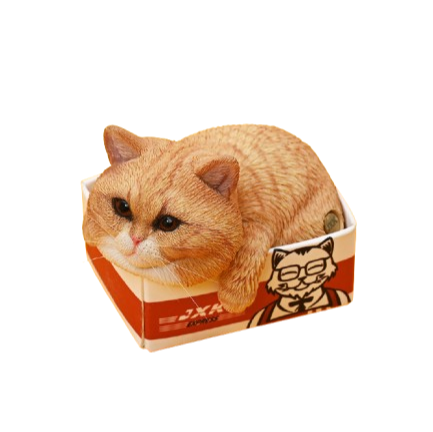 A collection of four 1/6 scale cat models, each resting in a small delivery box with distinct fur colors and patterns. The cats are displayed against a yellow background, showcasing their adorable and relaxed poses.