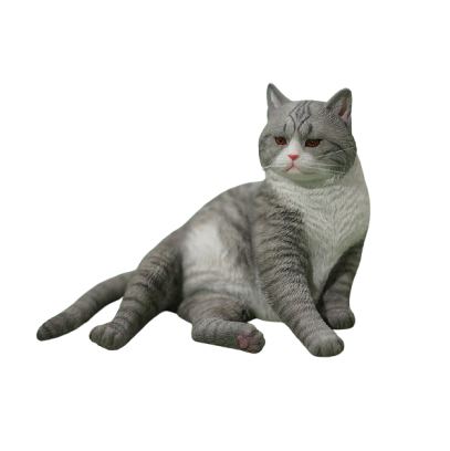 A collection of 1/6 scale cat models featuring five distinct cats, each with unique fur patterns and colors. The cats are arranged around a black chair, showcasing a regal and relaxed pose, set against a green background.