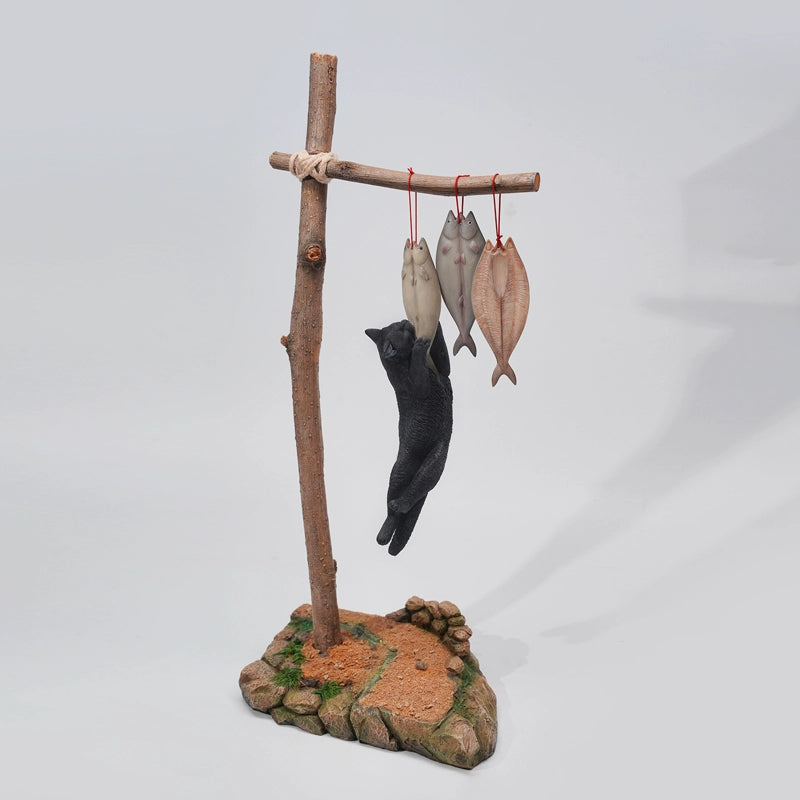 "A whimsical 1/6 scale model featuring five cats of different colors—orange, grey, white, black, and tabby—hanging from a tree branch, reaching towards fish tied above them. The cats are depicted in a playful and humorous manner, capturing a moment of mischief."
