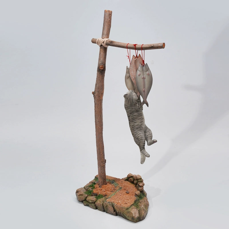 "A whimsical 1/6 scale model featuring five cats of different colors—orange, grey, white, black, and tabby—hanging from a tree branch, reaching towards fish tied above them. The cats are depicted in a playful and humorous manner, capturing a moment of mischief."