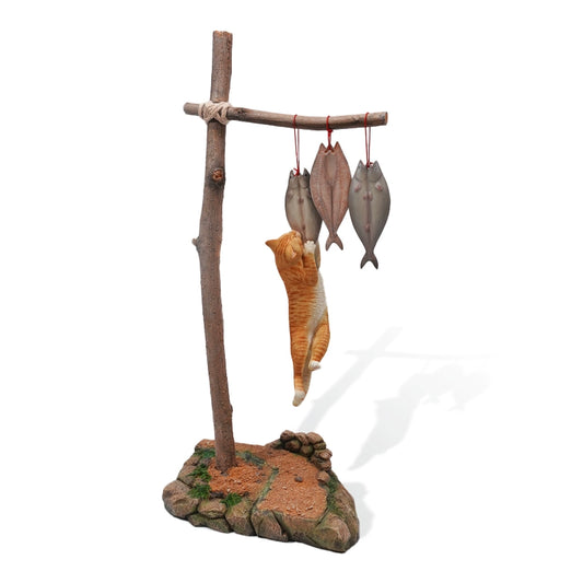 "A whimsical 1/6 scale model featuring five cats of different colors—orange, grey, white, black, and tabby—hanging from a tree branch, reaching towards fish tied above them. The cats are depicted in a playful and humorous manner, capturing a moment of mischief."