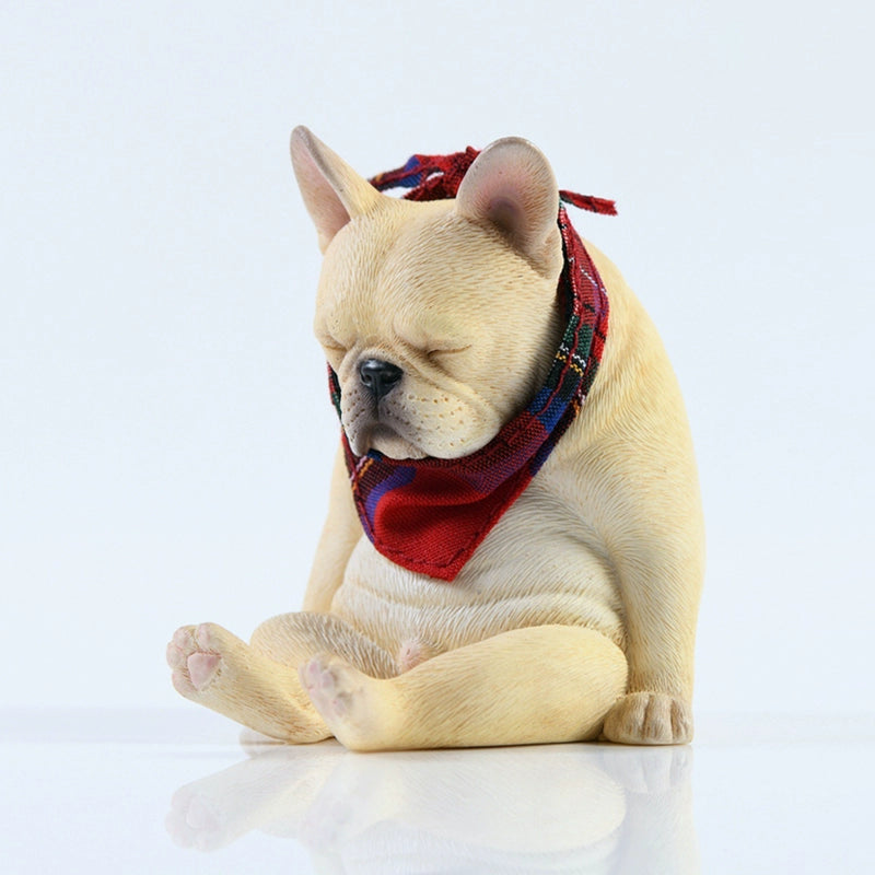 A 1/6 scale French Bulldog figurine featuring a realistic design with a sleeping pose, wearing a red plaid scarf. The figurine is made from high-quality resin, showcasing intricate details in the fur and facial expression, making it a perfect collectible for dog lovers and home decor.