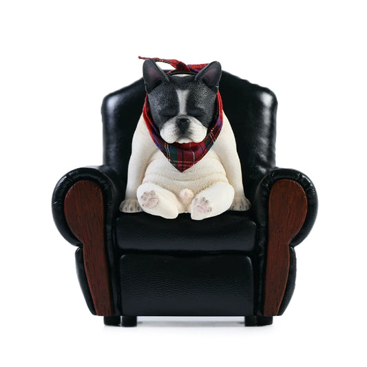 A 1/6 scale French Bulldog figurine featuring a realistic design with a sleeping pose, wearing a red plaid scarf. The figurine is made from high-quality resin, showcasing intricate details in the fur and facial expression, making it a perfect collectible for dog lovers and home decor.