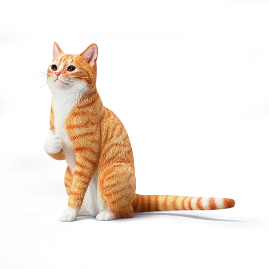 "Two realistic 1/6 scale sculptures of Chinese Domestic cats, one orange tabby and one grey tabby, each with their paw raised in a thumbs-up gesture. The figurines are intricately detailed with lifelike fur textures and expressive faces, capturing the playful and unique pose perfectly."