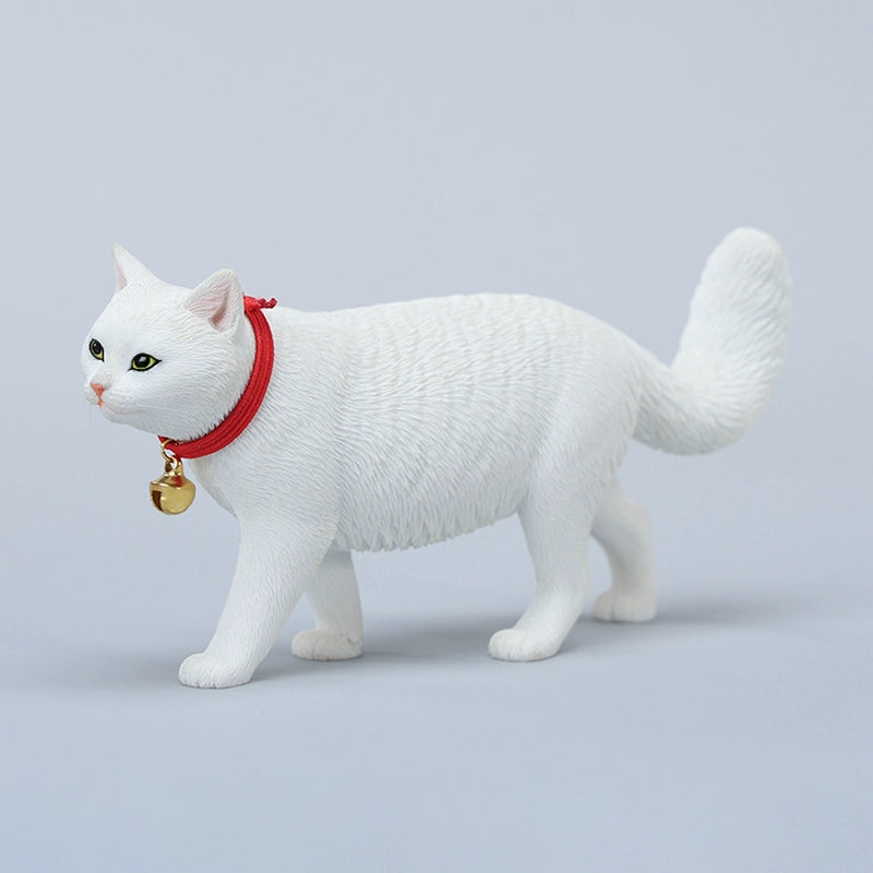 A beautifully crafted 1/6 scale model of a Chinese Felis Catus Cat, showcasing intricate details and a lifelike appearance. The cat model is posed elegantly, wearing a red collar with a bell, exuding charm and character. This figurine is perfect for cat enthusiasts and collectors, adding a touch of elegance and realism to any collection.