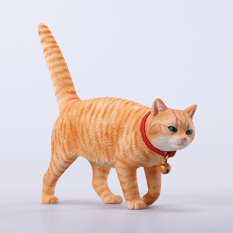 A detailed figurine of an orange tabby cat with a red collar and bell, part of the 1/6 Chinese Felis Catus Cat Model 7.0 series. The cat stands with an alert expression, showcasing lifelike details from its expressive eyes to the intricate fur texture.