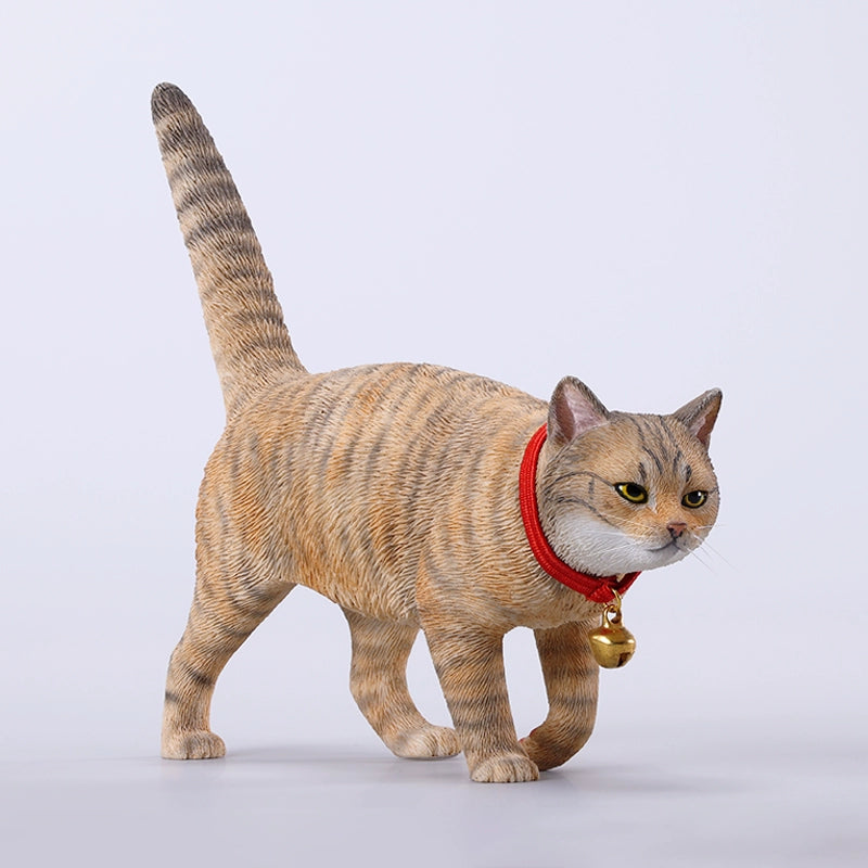 A detailed figurine of an orange tabby cat with a red collar and bell, part of the 1/6 Chinese Felis Catus Cat Model 7.0 series. The cat stands with an alert expression, showcasing lifelike details from its expressive eyes to the intricate fur texture.