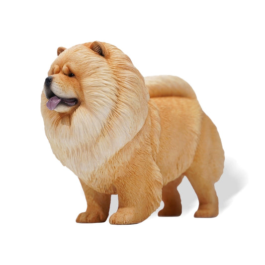 "1/6 scale Chow Chow dog resin models in four different coat colors: red, cream, black, and white. Each model captures the breed's distinct lion-like mane and sturdy build, ideal for collectors and dog enthusiasts."