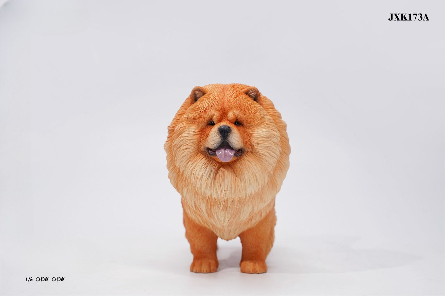 A set of four 1/6 scale Chow Chow resin models in different fur colors, showcasing the breed's distinctive fluffy appearance and detailed craftsmanship.