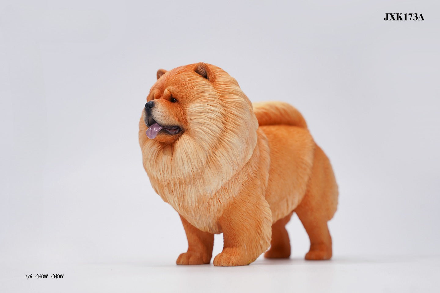 A set of four 1/6 scale Chow Chow resin models in different fur colors, showcasing the breed's distinctive fluffy appearance and detailed craftsmanship.