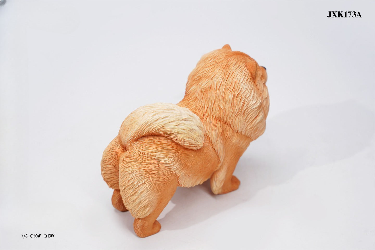 A set of four 1/6 scale Chow Chow resin models in different fur colors, showcasing the breed's distinctive fluffy appearance and detailed craftsmanship.