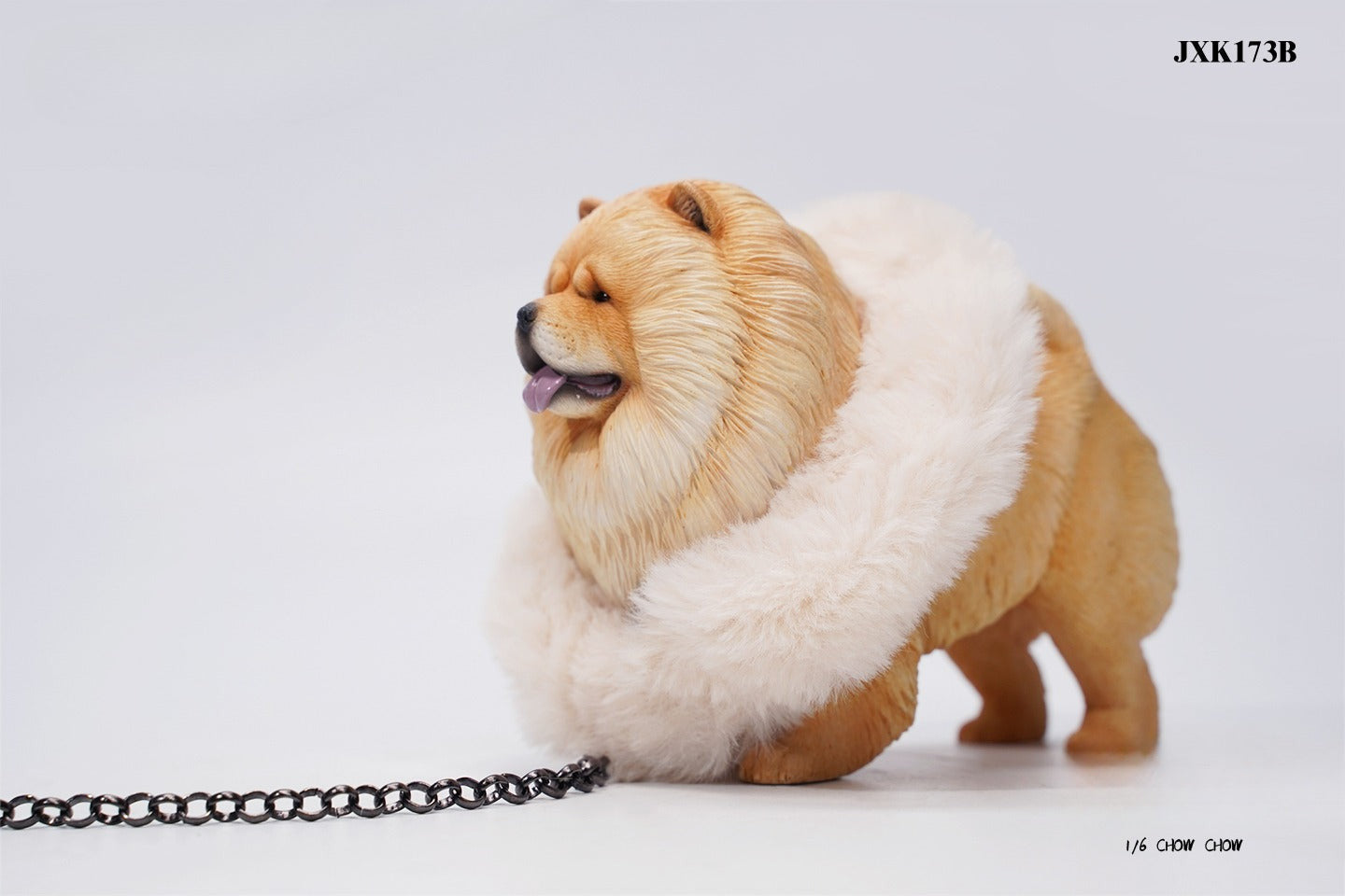 A set of four 1/6 scale Chow Chow resin models in different fur colors, showcasing the breed's distinctive fluffy appearance and detailed craftsmanship.