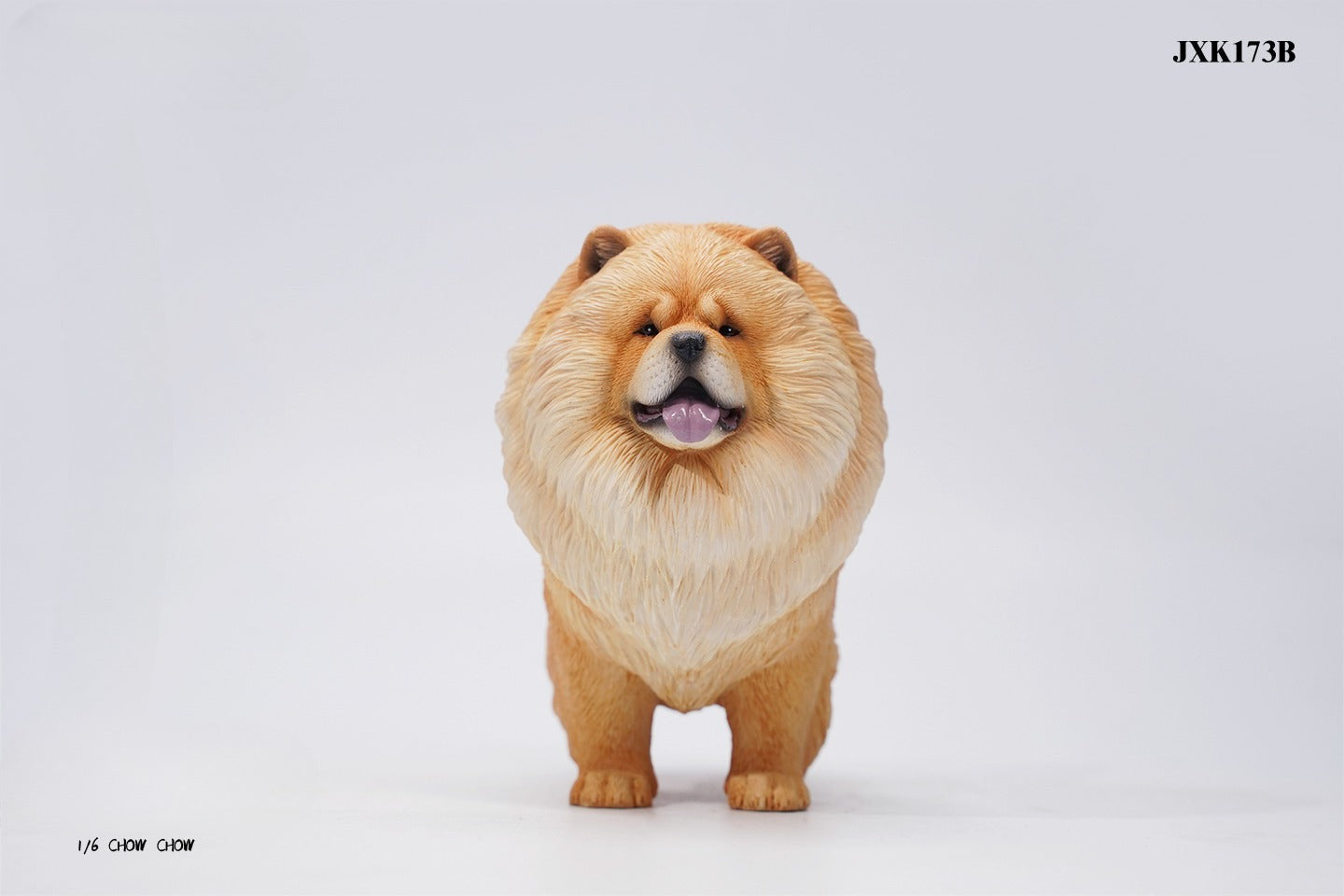 A set of four 1/6 scale Chow Chow resin models in different fur colors, showcasing the breed's distinctive fluffy appearance and detailed craftsmanship.