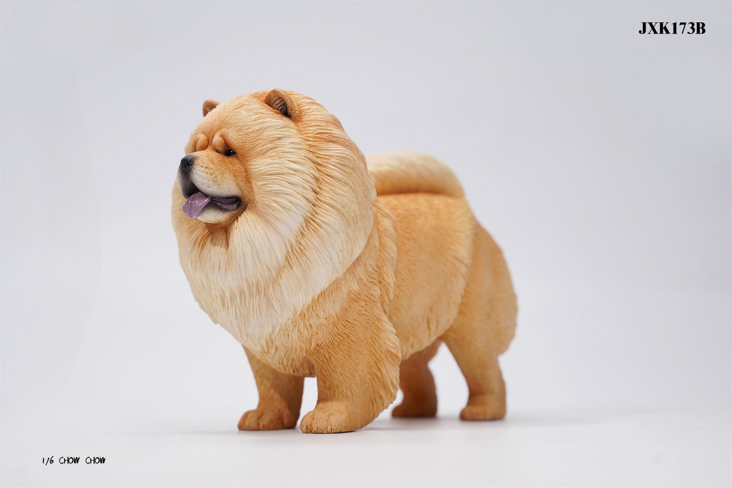 A set of four 1/6 scale Chow Chow resin models in different fur colors, showcasing the breed's distinctive fluffy appearance and detailed craftsmanship.