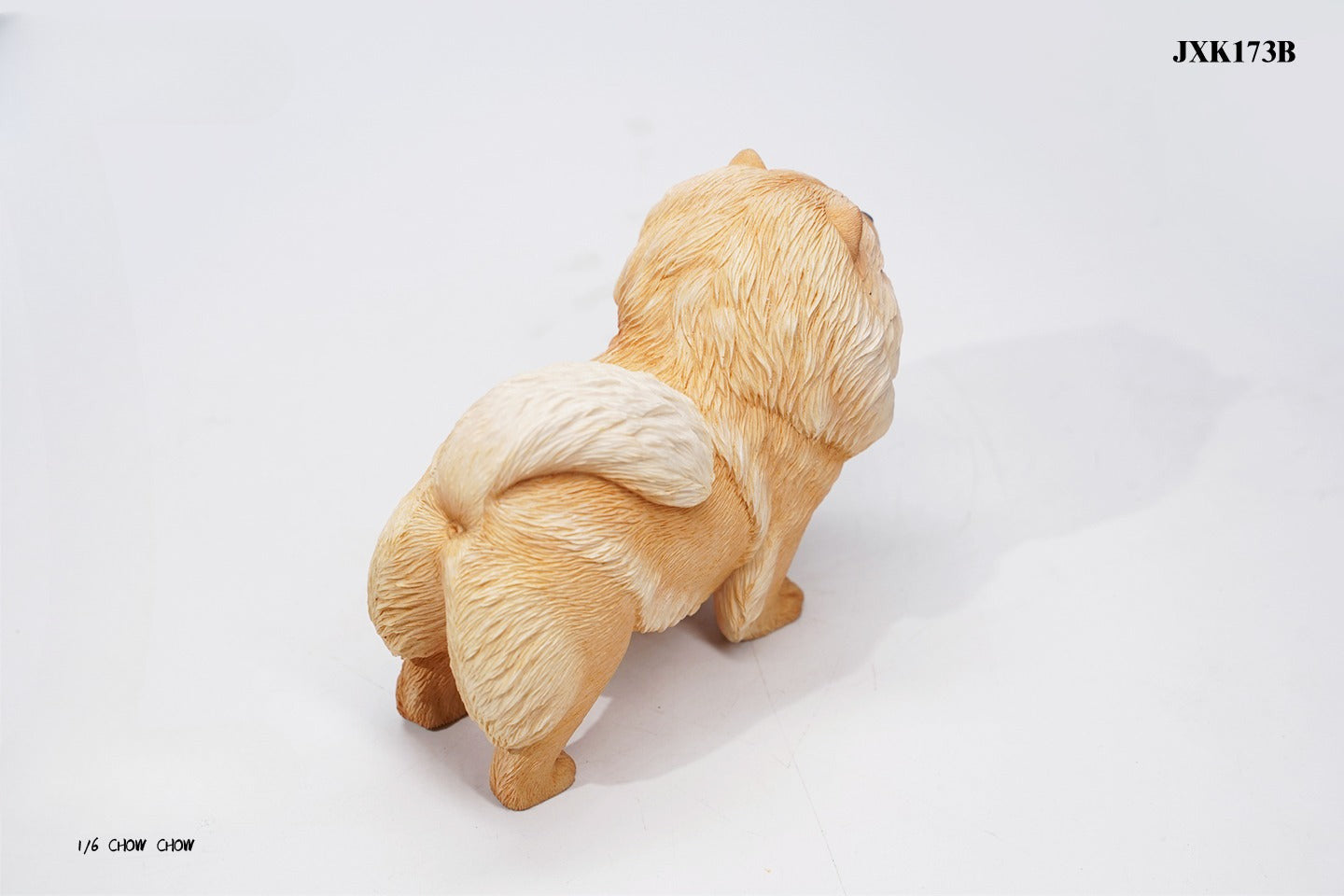 A set of four 1/6 scale Chow Chow resin models in different fur colors, showcasing the breed's distinctive fluffy appearance and detailed craftsmanship.