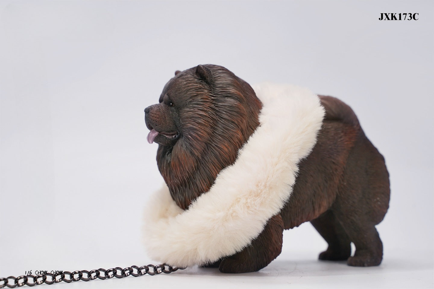 A set of four 1/6 scale Chow Chow resin models in different fur colors, showcasing the breed's distinctive fluffy appearance and detailed craftsmanship.