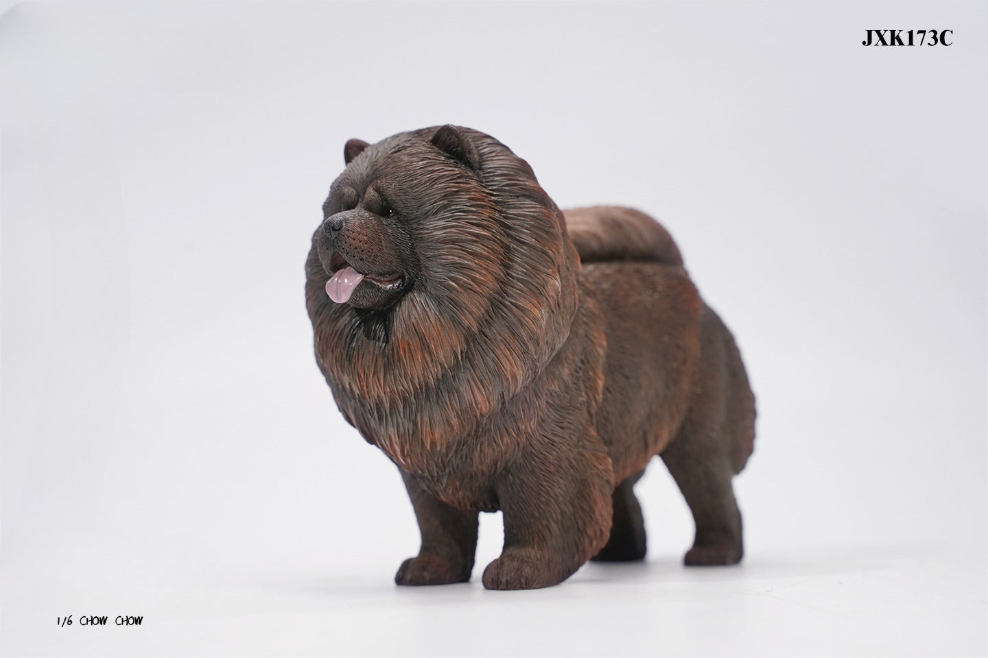 A set of four 1/6 scale Chow Chow resin models in different fur colors, showcasing the breed's distinctive fluffy appearance and detailed craftsmanship.