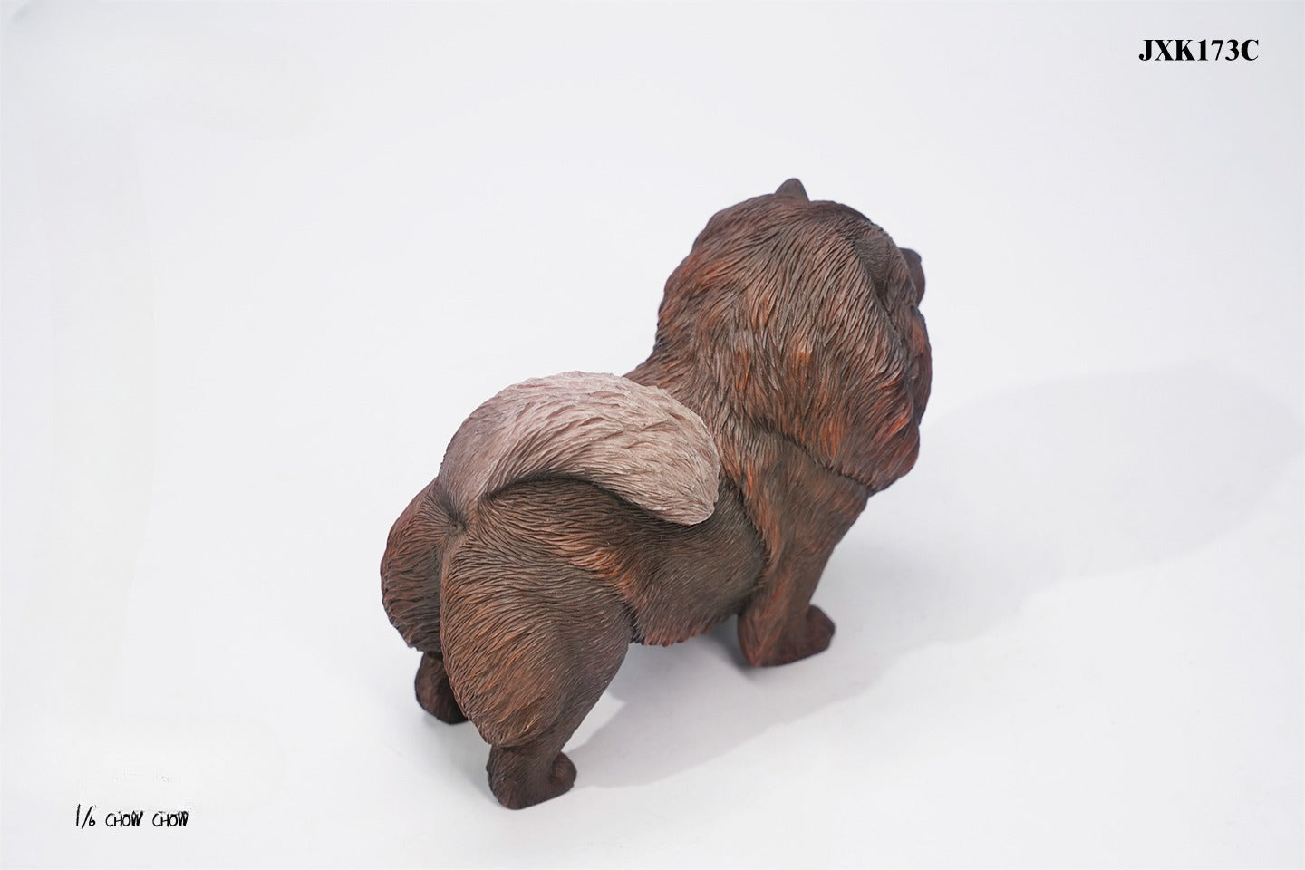 A set of four 1/6 scale Chow Chow resin models in different fur colors, showcasing the breed's distinctive fluffy appearance and detailed craftsmanship.