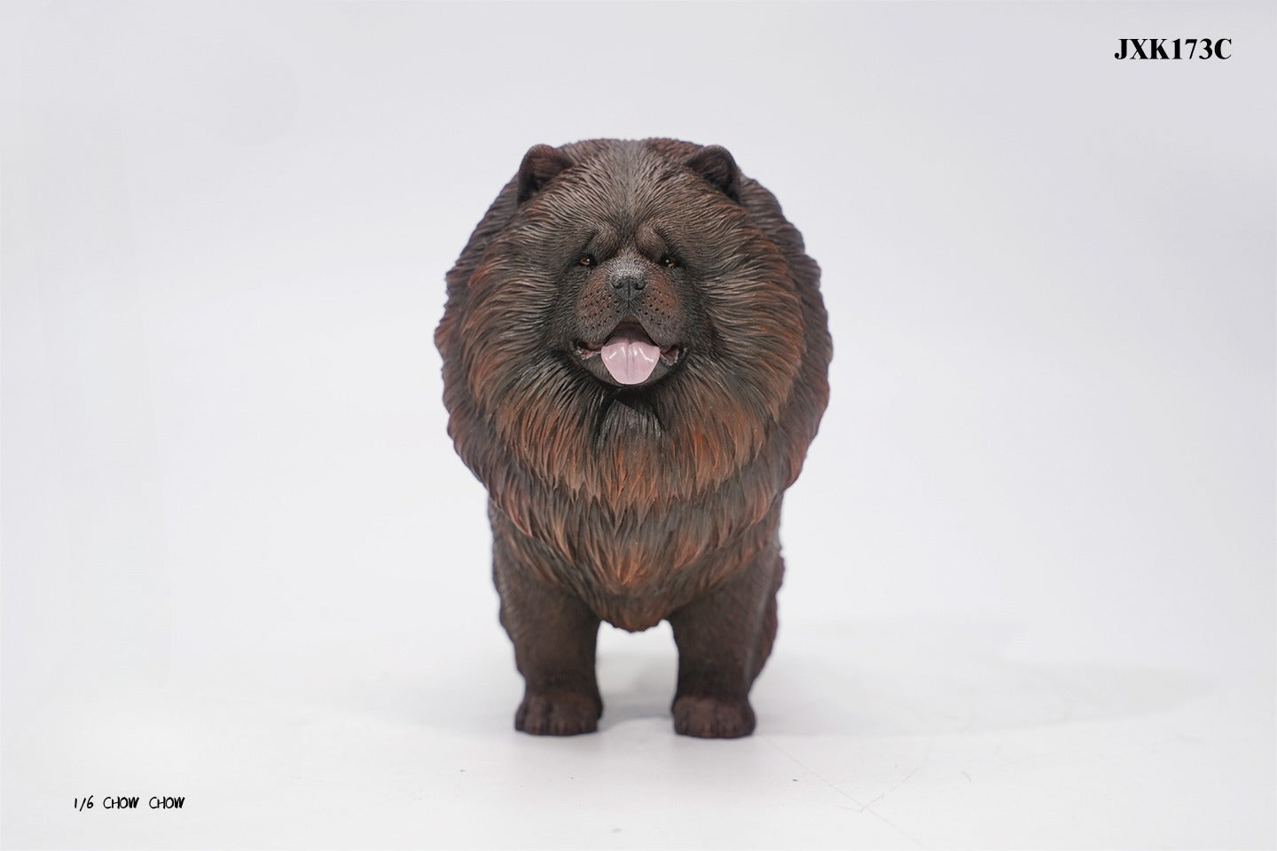 A set of four 1/6 scale Chow Chow resin models in different fur colors, showcasing the breed's distinctive fluffy appearance and detailed craftsmanship.