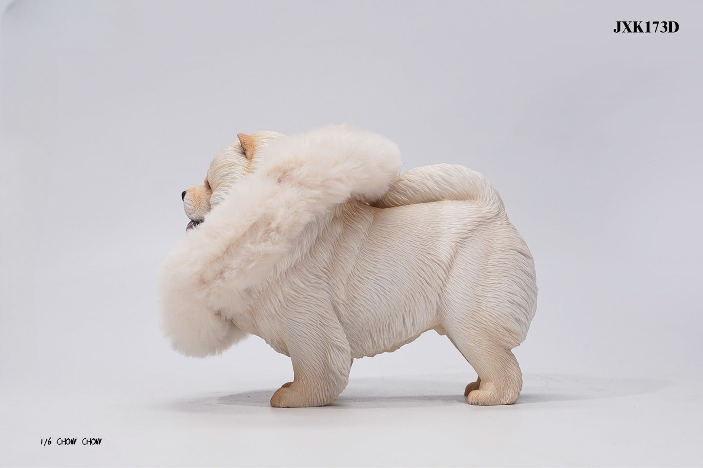 A set of four 1/6 scale Chow Chow resin models in different fur colors, showcasing the breed's distinctive fluffy appearance and detailed craftsmanship.