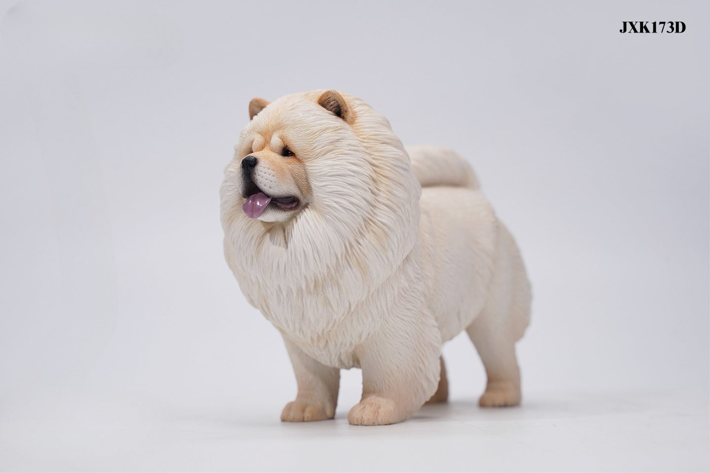 A set of four 1/6 scale Chow Chow resin models in different fur colors, showcasing the breed's distinctive fluffy appearance and detailed craftsmanship.