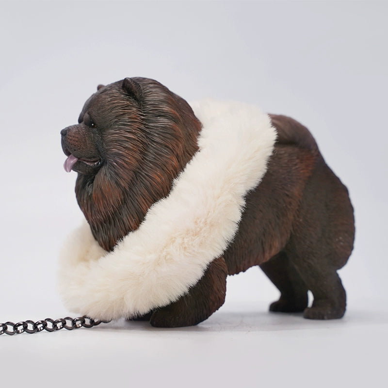"A set of four 1/6 scale Chow Chow resin models in different fur colors, showcasing the breed's distinctive fluffy appearance and detailed craftsmanship."
