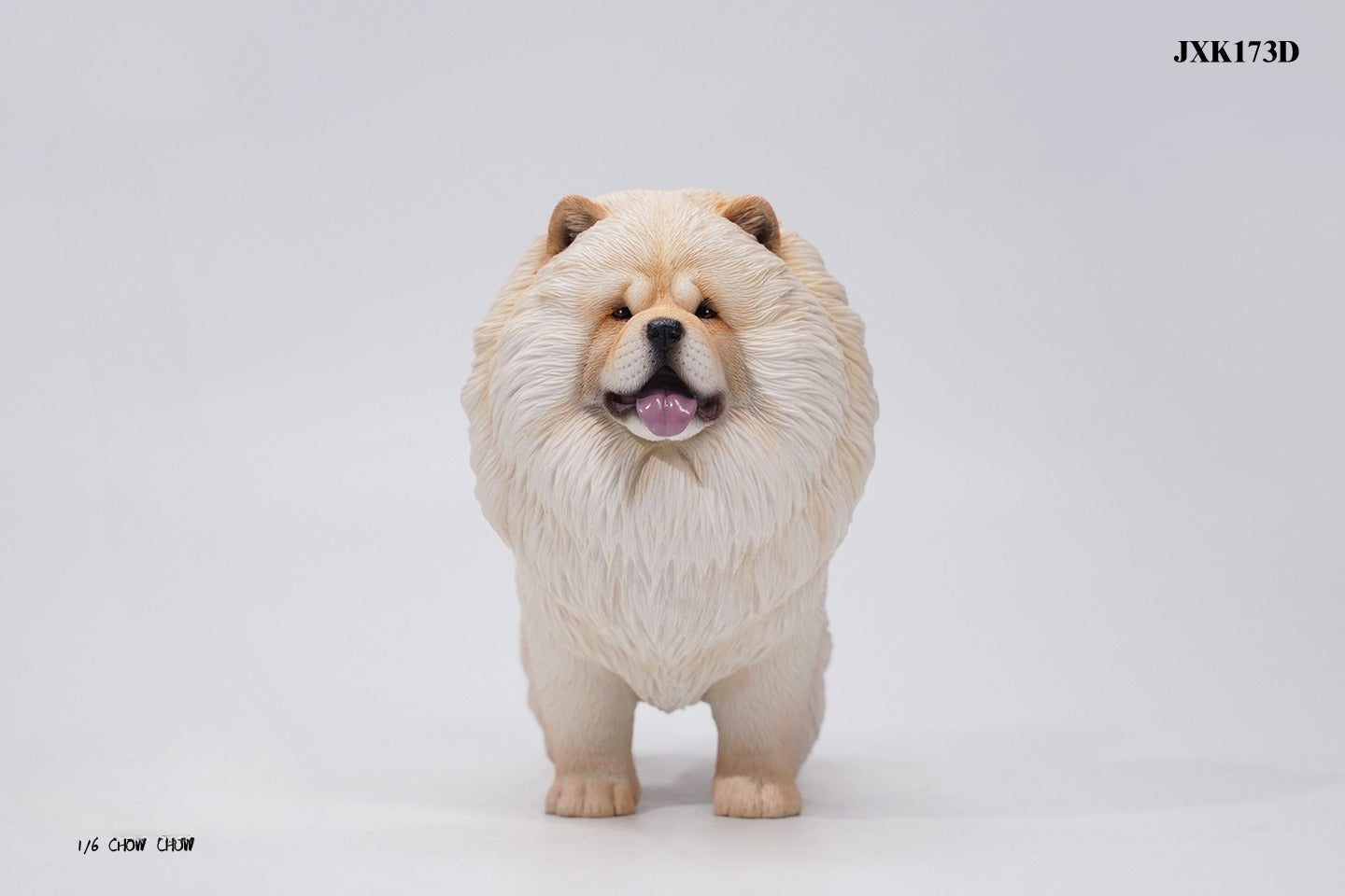 A set of four 1/6 scale Chow Chow resin models in different fur colors, showcasing the breed's distinctive fluffy appearance and detailed craftsmanship.