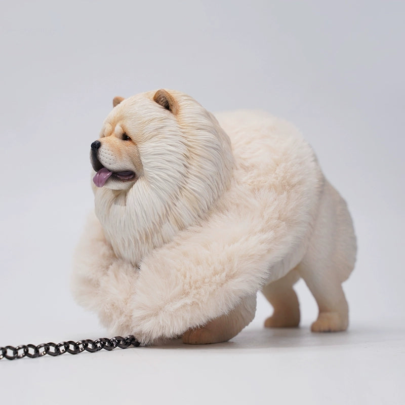 "A set of four 1/6 scale Chow Chow resin models in different fur colors, showcasing the breed's distinctive fluffy appearance and detailed craftsmanship."