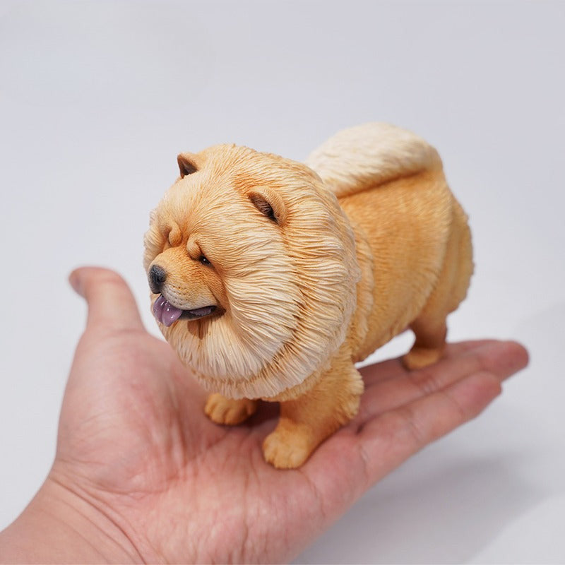 A set of four 1/6 scale Chow Chow resin models in different fur colors, showcasing the breed's distinctive fluffy appearance and detailed craftsmanship.