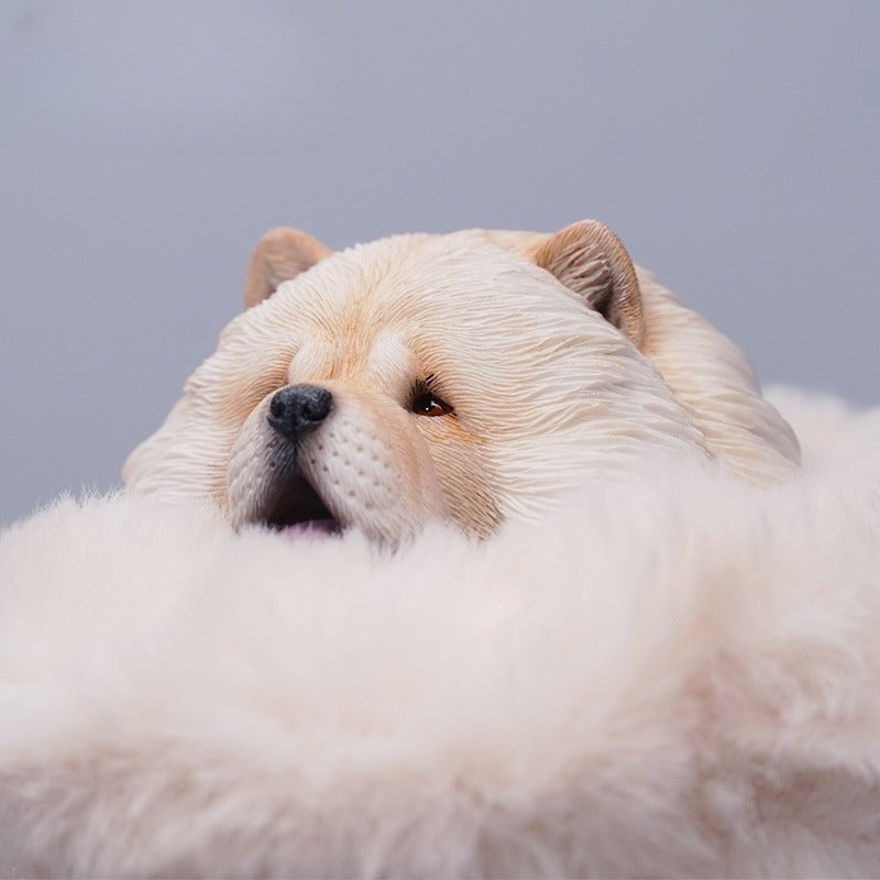 A set of four 1/6 scale Chow Chow resin models in different fur colors, showcasing the breed's distinctive fluffy appearance and detailed craftsmanship.