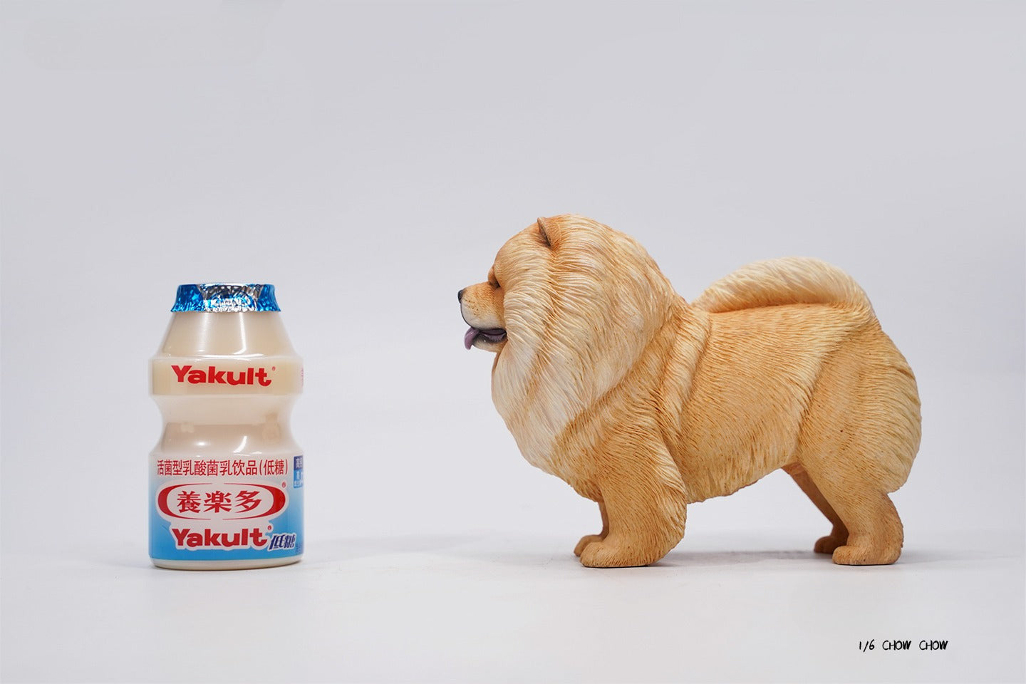 A set of four 1/6 scale Chow Chow resin models in different fur colors, showcasing the breed's distinctive fluffy appearance and detailed craftsmanship.