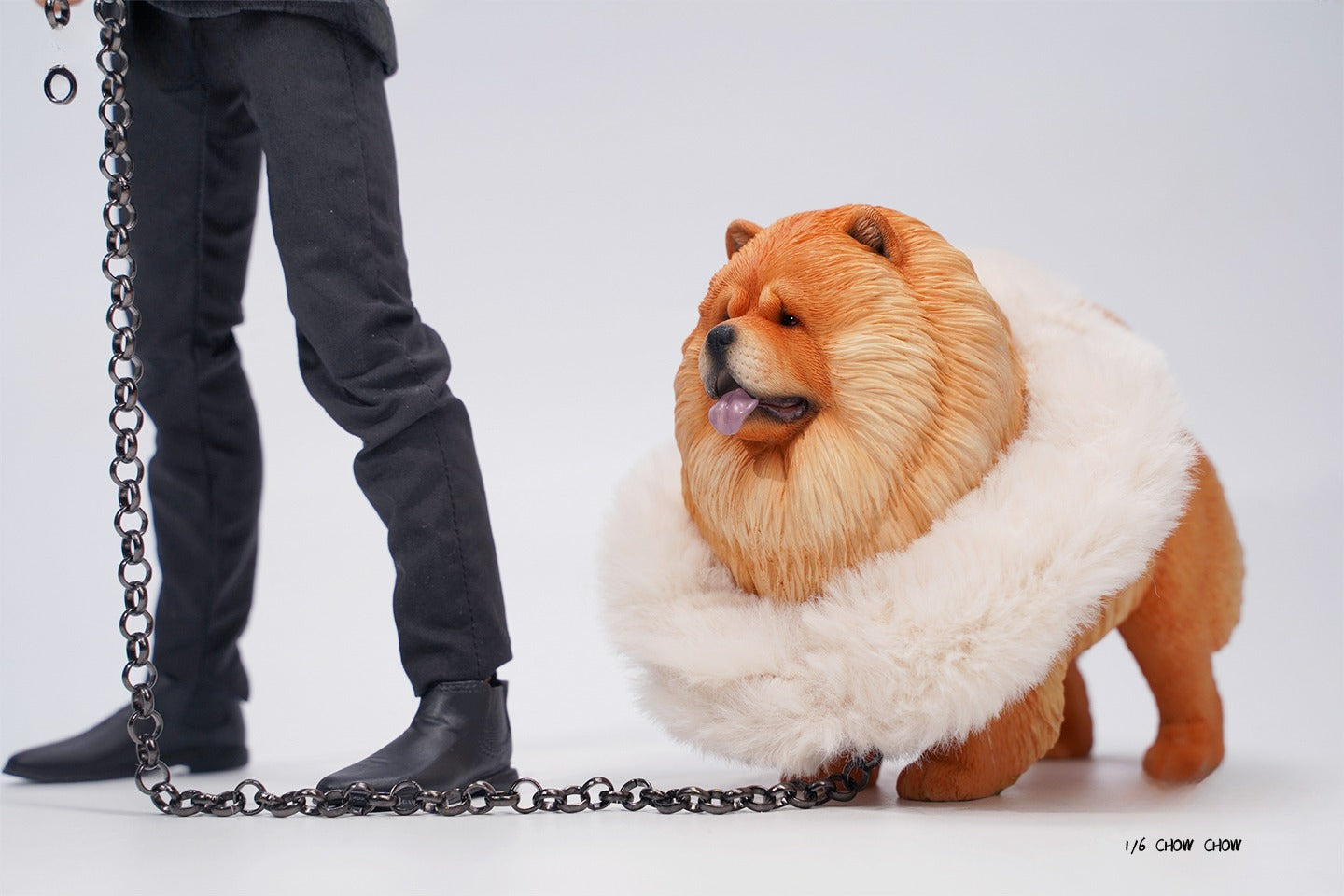 A set of four 1/6 scale Chow Chow resin models in different fur colors, showcasing the breed's distinctive fluffy appearance and detailed craftsmanship.