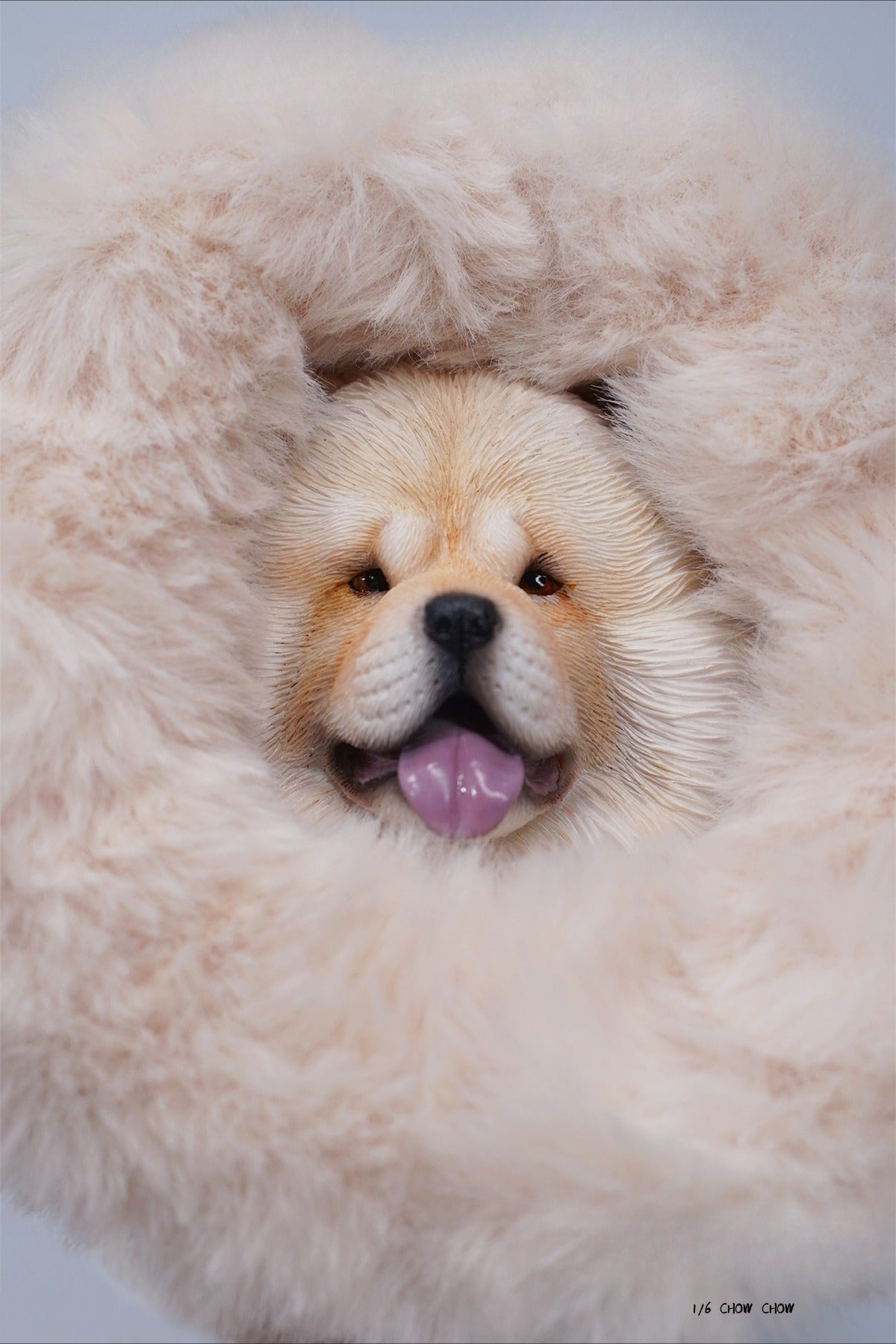 A set of four 1/6 scale Chow Chow resin models in different fur colors, showcasing the breed's distinctive fluffy appearance and detailed craftsmanship.