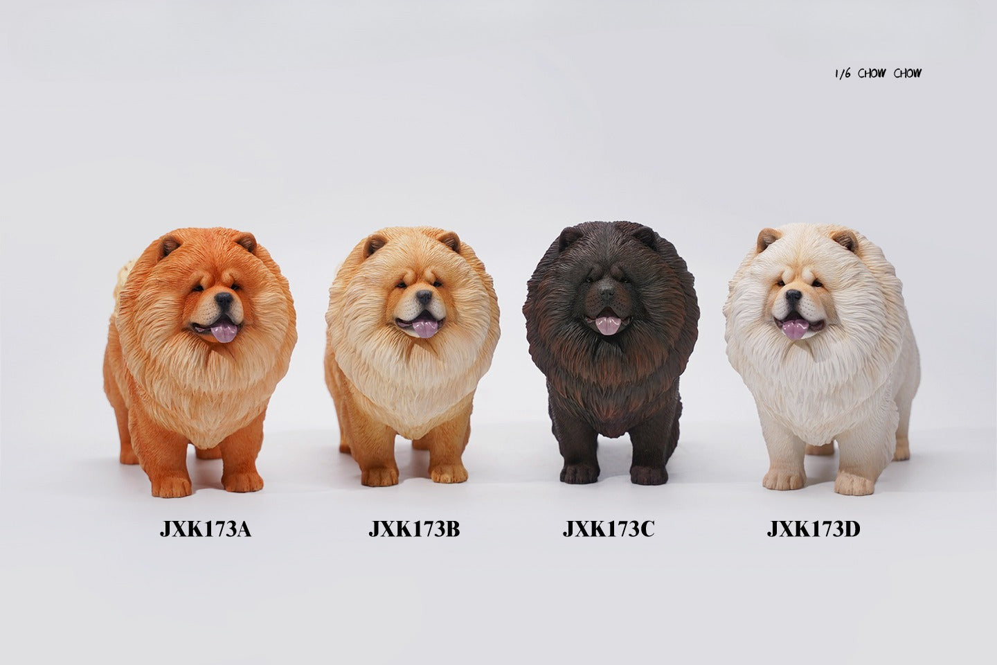 A set of four 1/6 scale Chow Chow resin models in different fur colors, showcasing the breed's distinctive fluffy appearance and detailed craftsmanship.