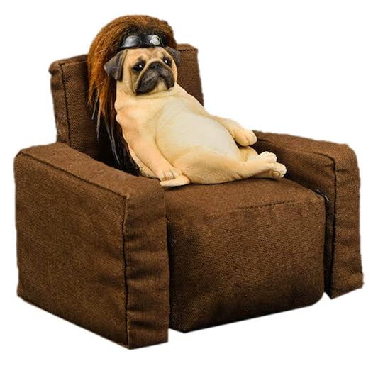 "1/6 scale Pug dog model in a relaxed pose on a brown armchair, wearing a gold chain and a hat with a feather."