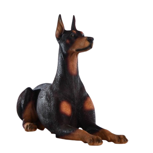 "A set of two 1/6 scale Doberman Pinscher resin models, one sitting and the other lying down, showcasing realistic details and noble posture."