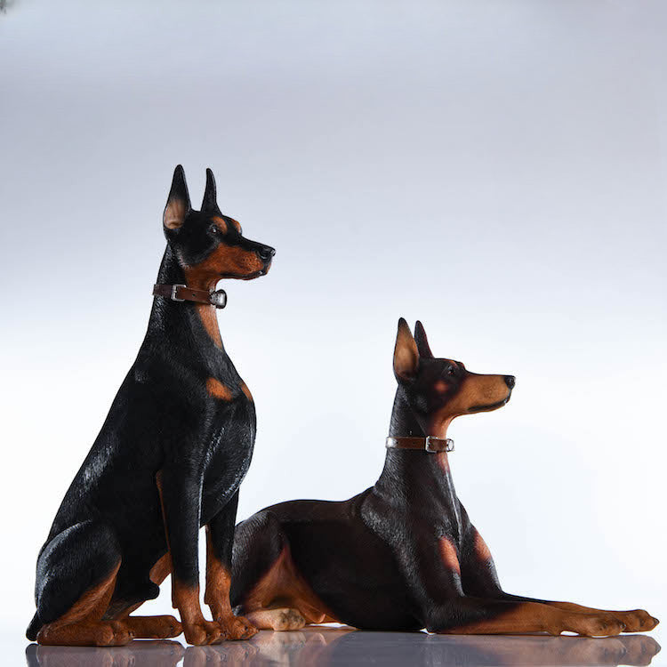 "A set of two 1/6 scale Doberman Pinscher resin models, one sitting and the other lying down, showcasing realistic details and noble posture."