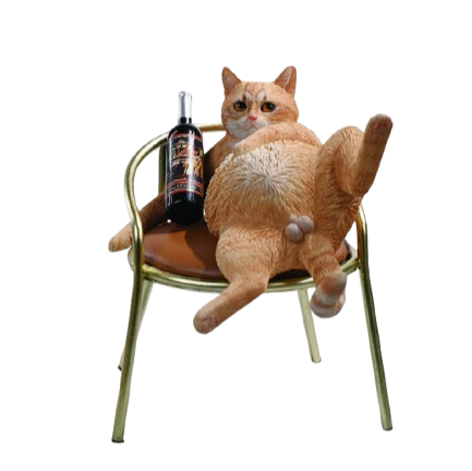 "A 1/6 scale figurine of an orange tabby cat lounging on a chair with a bottle, portraying a humorous 'drunk' pose."