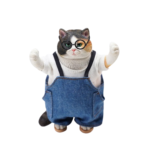 A charming 1/6 scale figurine of a fat cat wearing glasses and dressed in a cute denim overall and white shirt. The cat stands upright with its paws raised, displaying a playful and endearing expression. This collectible model perfectly captures the whimsy and personality of a plump, adorable cat.